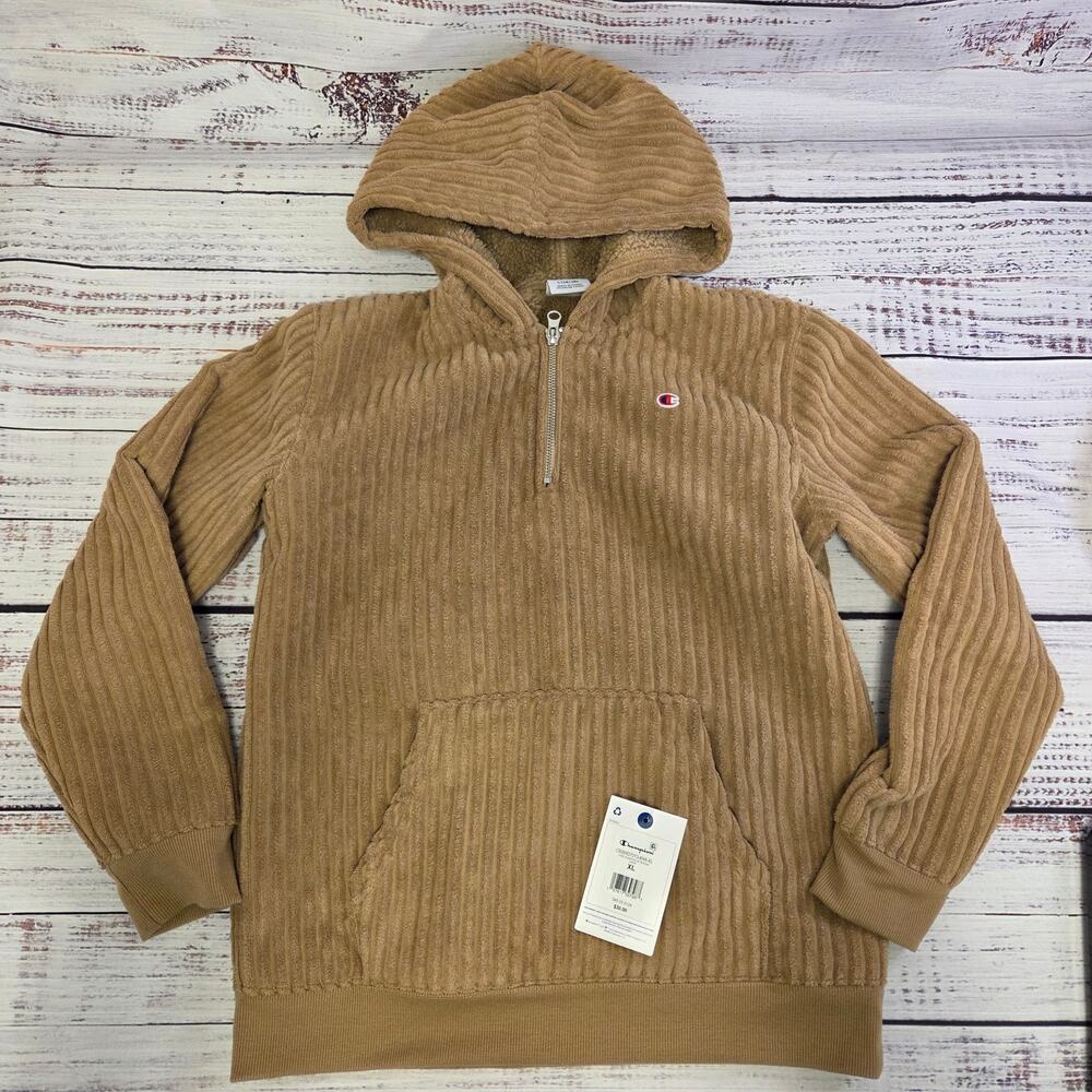 Champion Corduroy Sherpa Fleece 1/4 Zip Hoodie Youth Large 14-16 Khaki NWT